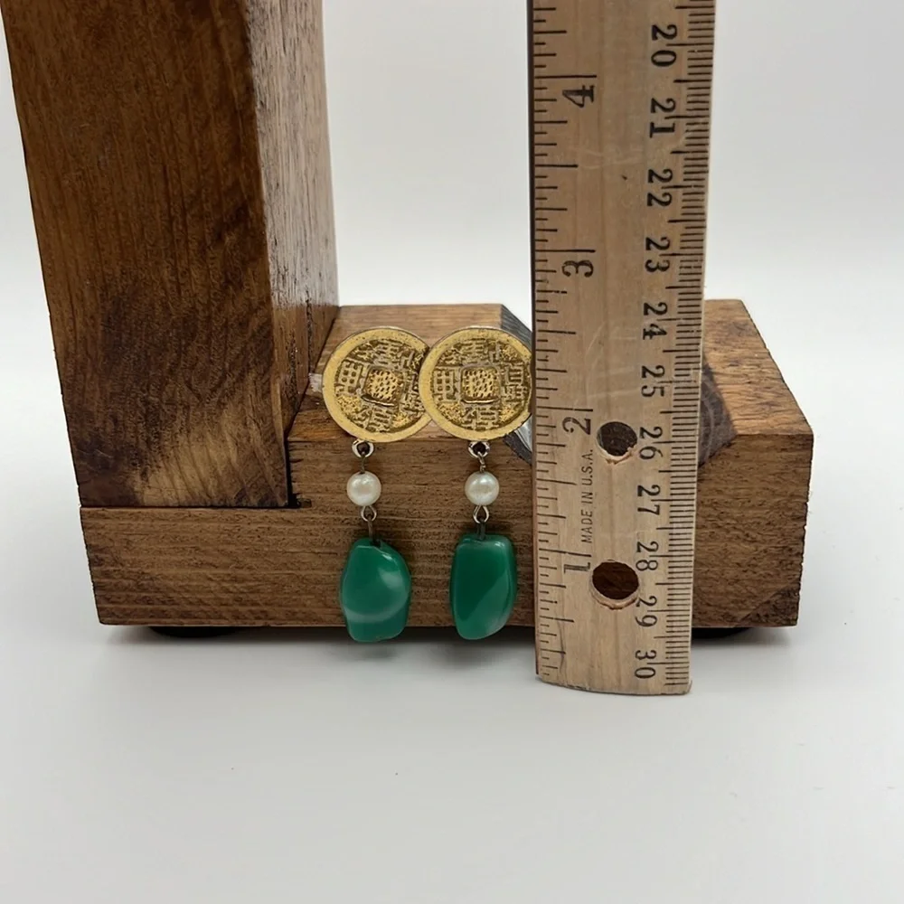 Vintage Kenneth Lane gold tone medallion faux pearl & jade dangly clip earrings